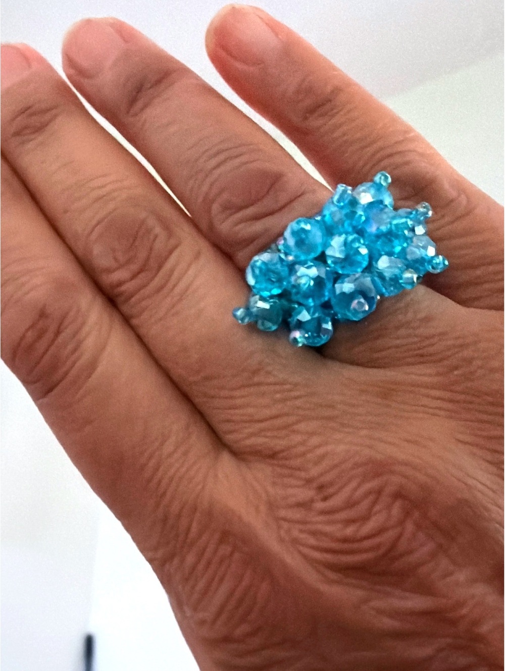 Handmade Vintage Aqua Blue Iridescent Beaded Stretchy Statement Ring Sizes 8-9